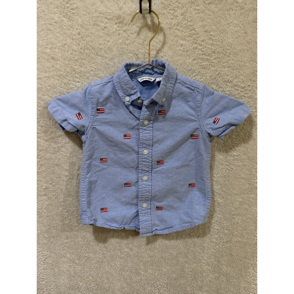 Janie & Jack Boys Blue Oxford Embroidered American Flag Button Up Shirt Size 2T